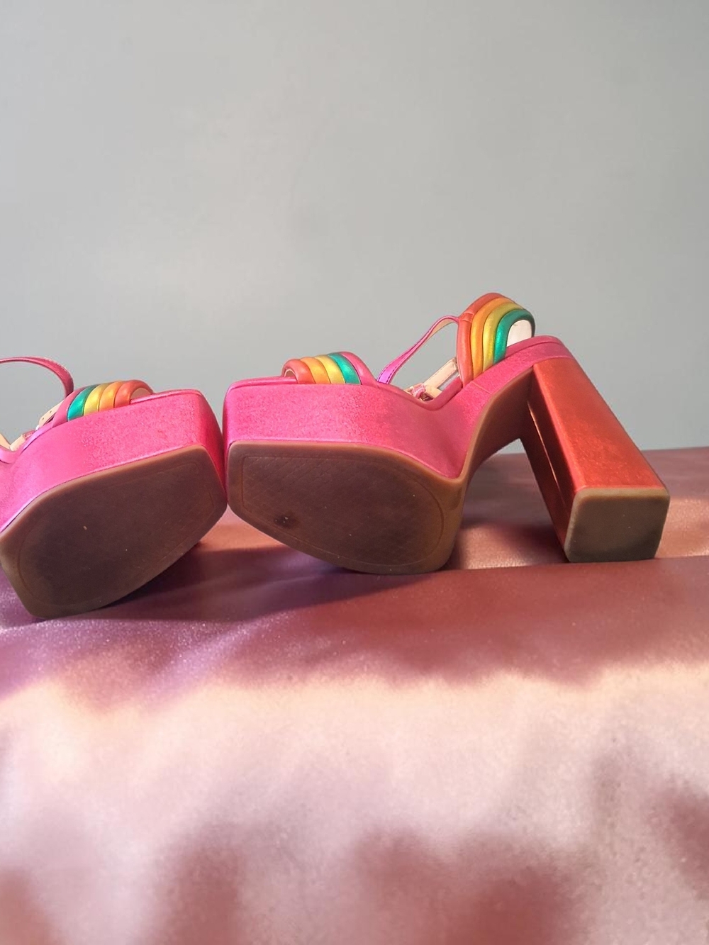 Jessica Simpson Pink Platform Heels with Rainbow Straps - Picture 5 of 7